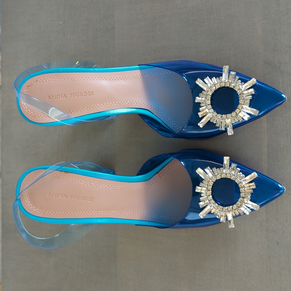NWOT Amina Muaddi Begum Crystal-Embellished PVC Slingback Pumps sz 40 - Picture 2 of 7